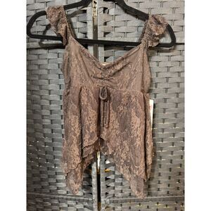 NWT Brown Lace Handkerchief Hem Top – Size M – Boho Romantic Sleeveless Blouse